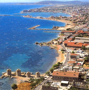 Aerial photo of wind mills in tampakika, Chios